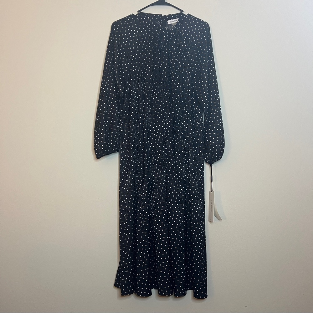Calvin Klein Black Polka Dot Jacquard Midi Dress NWT Size 14